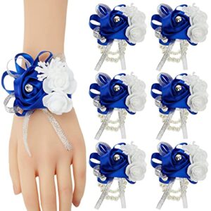 meldel prom flower wrist corsages for wedding, set of 6, royal blue wrist corsages for prom bridal bridesmaid girl, rose hand flower for wedding ceremony anniversary,dinner party, homecoming
