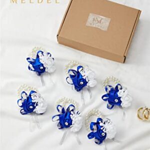 Meldel Prom Flower Wrist Corsages for Wedding, Set of 6, Royal Blue Wrist Corsages for Prom Bridal Bridesmaid Girl, Rose Hand Flower for Wedding Ceremony Anniversary,Dinner Party, Homecoming