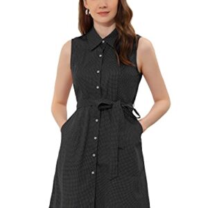 Allegra K Polka Dots Sleeveless Dress for Women's Belted Shirtdress Vintage Button Down Dress Small Black