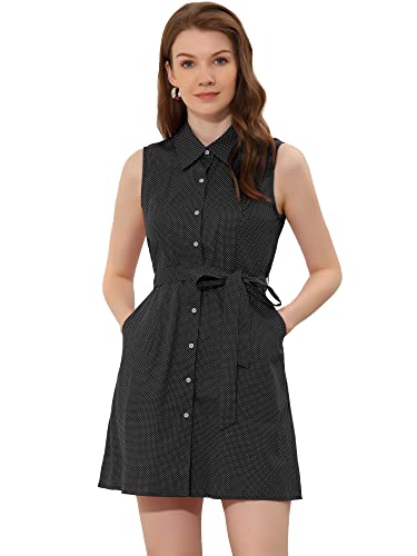 Allegra K Polka Dots Sleeveless Dress for Women's Belted Shirtdress Vintage Button Down Dress Small Black