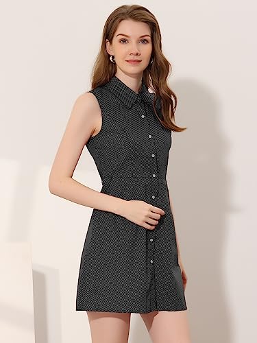 Allegra K Polka Dots Sleeveless Dress for Women's Belted Shirtdress Vintage Button Down Dress Small Black