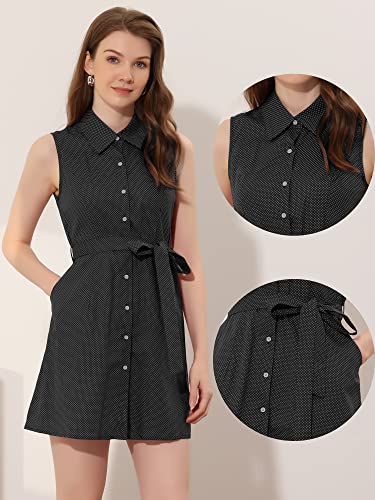 Allegra K Polka Dots Sleeveless Dress for Women's Belted Shirtdress Vintage Button Down Dress Small Black