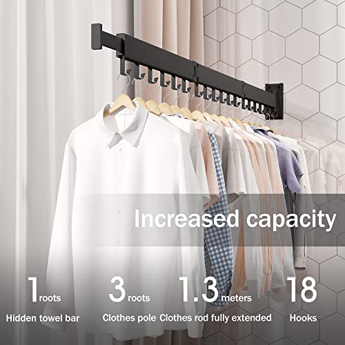 LIENAHU Clothes Drying Rack,Laundry Drying Rack,Clothes Rack Wall Mount,Wall Mounted Clothes Hanger Rack,Laundry Rack Folding,Retractable Clothing Rack,Collapsible Clothes Hanging Rack(Hooks,Black)