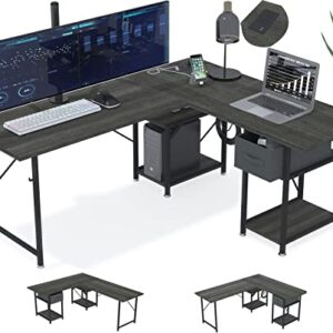 DLIUZ L Shaped Desk with Drawers，Computer Desk is Reversible Corner Large Gaming pc Table with USB Charging Port and Power Outlet,Long Writing Study Table with Shelve