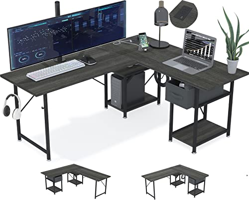 DLIUZ L Shaped Desk with Drawers，Computer Desk is Reversible Corner Large Gaming pc Table with USB Charging Port and Power Outlet,Long Writing Study Table with Shelve