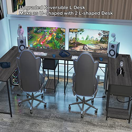 DLIUZ L Shaped Desk with Drawers，Computer Desk is Reversible Corner Large Gaming pc Table with USB Charging Port and Power Outlet,Long Writing Study Table with Shelve