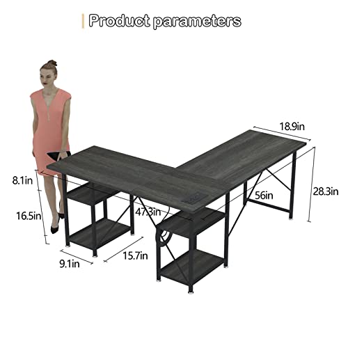 DLIUZ L Shaped Desk with Drawers，Computer Desk is Reversible Corner Large Gaming pc Table with USB Charging Port and Power Outlet,Long Writing Study Table with Shelve