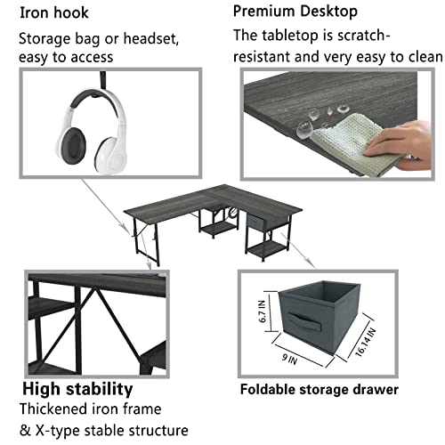 DLIUZ L Shaped Desk with Drawers，Computer Desk is Reversible Corner Large Gaming pc Table with USB Charging Port and Power Outlet,Long Writing Study Table with Shelve