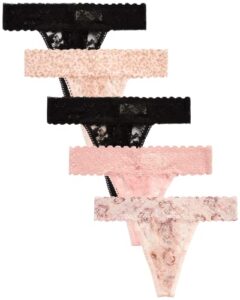 jessica simpson women's underwear - 5 pack stretch microfiber lace thong panties (s-xl), size large, black/black/animal blush/rose/floral rose