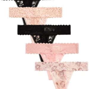 Jessica Simpson Women's Underwear - 5 Pack Stretch Microfiber Lace Thong Panties (S-XL), Size Large, Black/Black/Animal Blush/Rose/Floral Rose