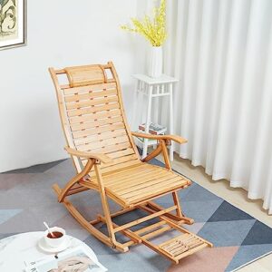 Large Rocking Chair Elderly Gifts Stable Ergonomic Garden Deck Chairs for Elderly,Foldable Recliner Load-Bearing 220KG Comfort Bamboo Loungers Deck Chair Patio Pool Garden Chair