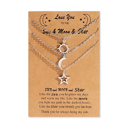 Friendship Necklaces for 3 Girls Cute BFF Necklace for Women Best Friend Necklace Dainty Sun Moon Star Necklaces Long Distance Relationship Necklace(Moon Sun Star)