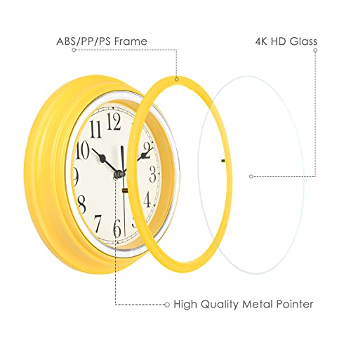 Topkey Silent Wall Clock Kitchen 9 Inch Retro Non-Ticking Decorative Bedroom Office Wall Clock -Yellow