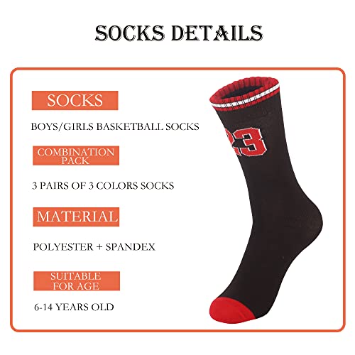 NIUNEW 3 Pairs Basketball Socks for Boys and Girls,Athletic Running Breathable Youth Sports Basketball Socks Gifts for Kids 6-14 (One Size, 3 pairs #23)