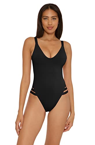 Becca by Rebecca Virtue Women's Standard Color Prism High Leg One Piece Swimsuit-Scoop Neck, Open Back Design, Bathing Suits, Black, Small