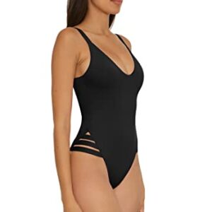 Becca by Rebecca Virtue Women's Standard Color Prism High Leg One Piece Swimsuit-Scoop Neck, Open Back Design, Bathing Suits, Black, Small