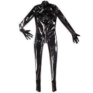 leesuo Women's Sexy Wetlook PVC Catsuit Shiny Zipper Crotch Bodysuit Jumpsuit with Gloves Clubwear