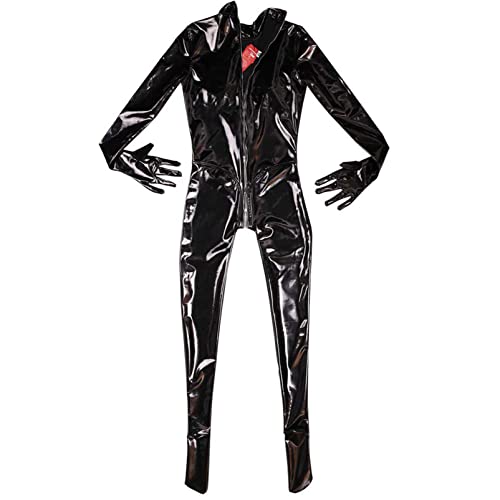 leesuo Women's Sexy Wetlook PVC Catsuit Shiny Zipper Crotch Bodysuit Jumpsuit with Gloves Clubwear