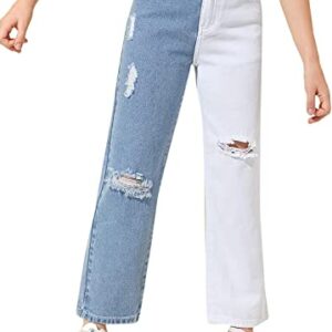 Floerns Girls Colorblock High Waist Ripped Jeans Destroyed Denim Pants White Blue Multi 160