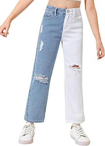 Floerns Girls Colorblock High Waist Ripped Jeans Destroyed Denim Pants White Blue Multi 160