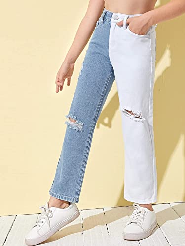 Floerns Girls Colorblock High Waist Ripped Jeans Destroyed Denim Pants White Blue Multi 160