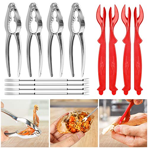 12 Piece Seafood Tools Set Nut Cracker Crab Lobster Set, includes 4 Stainless Steel Crab Cracker, 4 Crab Leg Forks Pick, 4 Opener Shellfish Lobster Leg Sheller, Perfect for kitchen, Party, Picnics