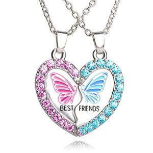mjartoria bff necklace for 2, best friend necklaces, panda valentine split heart rhinestone friendship necklaces best friends engraved pendant-cute butterfly