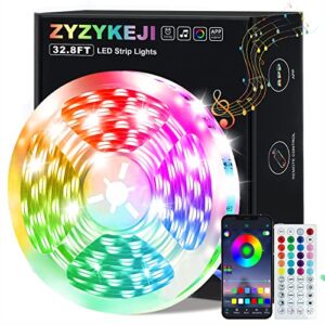 zyzykeji 32.8ft led lights for bedroom, 5050 rgb strip music sync color changing with remote and app control strips, room home tv party decoration