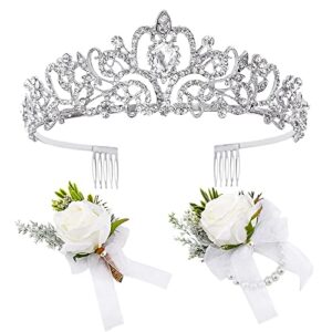 aoprie corsage and boutonniere set tear drop gemstone tiara and crown for women bride flower wristlet band bracelet of wedding accessories man suit decorations favor gift