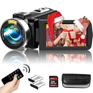 rawiemy video camera camcorder hd 2.7k 48.0mp video recorder camera vlogging camera for youtube kids camcorder with 3" lcd screen,remote,2 batteries and 32g sd card