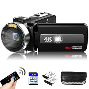 rawiemy camcorders video camera 4k 48mp video recorder camera with ir night vision vlogging camera for youtube kids camcorder with 3" touch screen,remote,2 batteries and 32g sd card