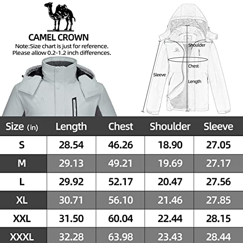 CAMEL CROWN Men's Mountain Snow Waterproof Ski Jacket Detachable Hood Windproof Fleece Parka Rain Jacket Winter Coat Sliver Gray L