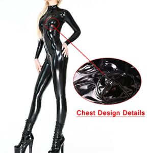 LESOYA Women's Sexy Shiny PVC Leather Cat Suit Front with Zipper Bodysuit Wet Look Jumpsuit Clubwear