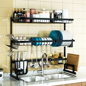 pusdon over sink dish drying rack (34"-45") 3 tier, 2 cutlery holders adjustable dish drainer for kitchen storage countertop organization, stainless steel space save shelf (sink size≤44inch, black)
