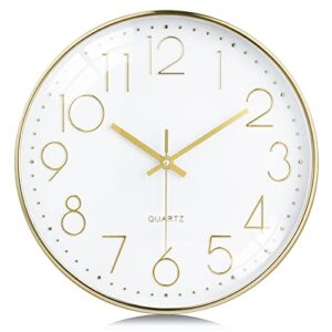 lafocuse 3d numbers gold wall clock 12 inch silent non-ticking, gold clocks for living room decor, modern kitchen wall clock battery operated bedroom home office