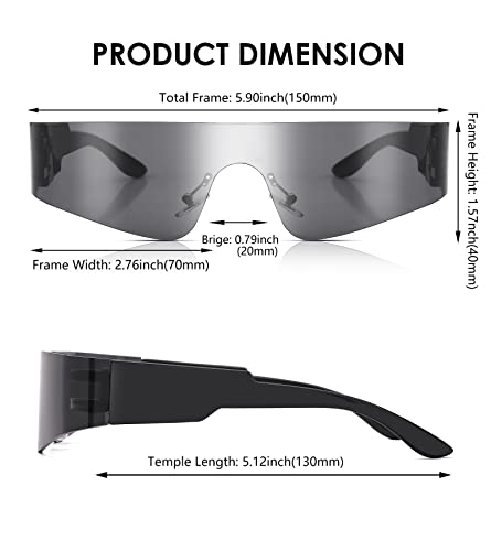 NULOOQ Y2K Rimless Futuristic Wrap Around Sunglasses Women Men, Trendy Cyberpunk Visor Sunglasses Monoblock Cyclops Shades (Black Frame/Gray Lens)