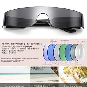 NULOOQ Y2K Rimless Futuristic Wrap Around Sunglasses Women Men, Trendy Cyberpunk Visor Sunglasses Monoblock Cyclops Shades (Black Frame/Gray Lens)