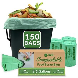 reli. compost bags 2.6 gallon (150 count) | astm d6400 | compostable trash bags for food scraps | small compost bags for kitchen compost bin/countertop bin | green, eco bags for food waste, 2.6 gal