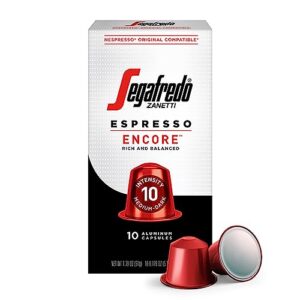 segafredo zanetti encore espresso capsules, medium-dark roast, intensity 10, compatible with nespresso original machines, 10 count aluminum pods