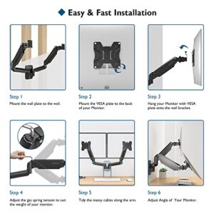 BONTEC Monitor Wall Mount Bracket for 13-27" Screens up to 17.6 lbs, Fully Adjustable Gas Spring Monitor Arm, Ergonomic Height Adjustable, Tilt Swivel & Rotate, VESA 75x75, 100x100 mm