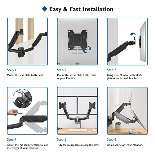 BONTEC Monitor Wall Mount Bracket for 13-27" Screens up to 17.6 lbs, Fully Adjustable Gas Spring Monitor Arm, Ergonomic Height Adjustable, Tilt Swivel & Rotate, VESA 75x75, 100x100 mm