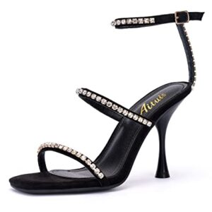 Aituis Women's Bling Rhinestone Heel Sandals Glitter Square Open Toe with Diamond Strap, Ankle Strap Sparkly Stiletto Dressy Sexy Summer High Heeled Shoes for Ladies Girls Party Club Silver, Black