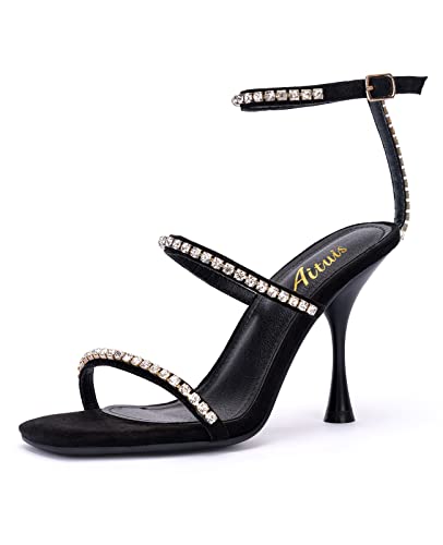 Aituis Women's Bling Rhinestone Heel Sandals Glitter Square Open Toe with Diamond Strap, Ankle Strap Sparkly Stiletto Dressy Sexy Summer High Heeled Shoes for Ladies Girls Party Club Silver, Black