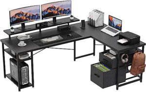 kkl l shaped desk with drawer, 66" reversible computer desk with storage shelves, corner gaming desk and monitor stand, home office desk, modern wooden desk, easy to assemble, black