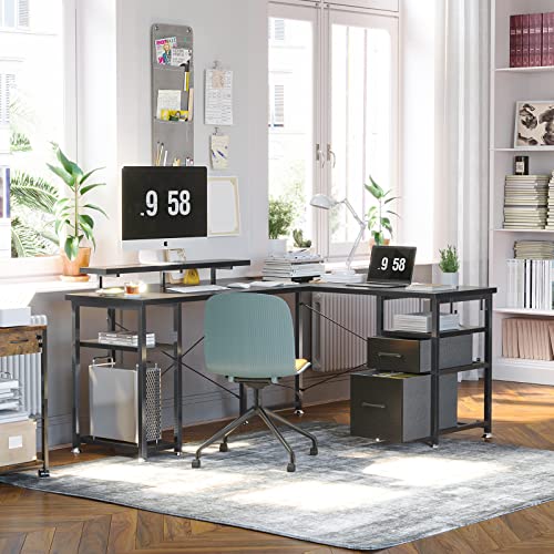 KKL L Shaped Desk with Drawer, 66" Reversible Computer Desk with Storage Shelves, Corner Gaming Desk and Monitor Stand, Home Office Desk, Modern Wooden Desk, Easy to Assemble, Black