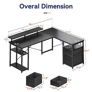 KKL L Shaped Desk with Drawer, 66" Reversible Computer Desk with Storage Shelves, Corner Gaming Desk and Monitor Stand, Home Office Desk, Modern Wooden Desk, Easy to Assemble, Black