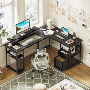 KKL L Shaped Desk with Drawer, 66" Reversible Computer Desk with Storage Shelves, Corner Gaming Desk and Monitor Stand, Home Office Desk, Modern Wooden Desk, Easy to Assemble, Black