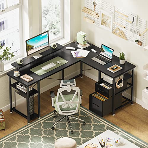 KKL L Shaped Desk with Drawer, 66" Reversible Computer Desk with Storage Shelves, Corner Gaming Desk and Monitor Stand, Home Office Desk, Modern Wooden Desk, Easy to Assemble, Black