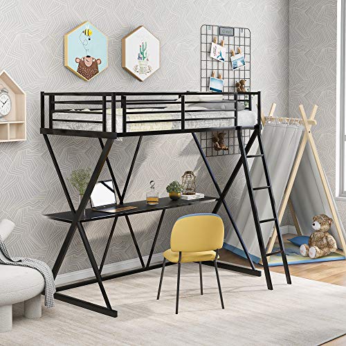 Twin Loft Bed with Desk, Loft Bed with Ladder and Full-Length Guardrails, X-Shaped Frame,Maximum Weight of 220 lb， Black（New）