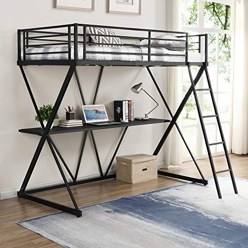 Twin Loft Bed with Desk, Loft Bed with Ladder and Full-Length Guardrails, X-Shaped Frame,Maximum Weight of 220 lb， Black（New）